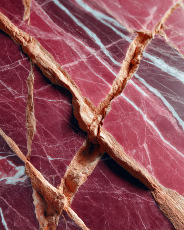 Closeup of Rosso Levanto marble with gold and black veins on a red surface. Luxury decorative slab pattern, ideal for elegant design, classic interiors, and artistic backgrounds.の素材
