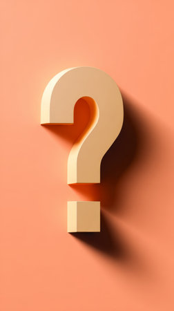 A flat beige 2D question mark displayed in side profile against a peach orange background. Conceptual minimalist artwork symbolizing doubt, curiosity, and communication in a modern abstract style.の素材