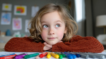 A young girl with blonde curly hair rests her chin on her arms while looking sideways. She is surrounded by colorful pens and children's drawings, suggesting a creative home environment.の素材
