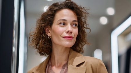 A stylish young Caucasian woman with curly hair is standing in a well-lit clothing store. She is smiling softly, wearing a beige coat, and appears to be enjoying her shopping experience.の素材
