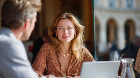 Stylish Caucasian woman talking to a man in an outdoor cafの素材