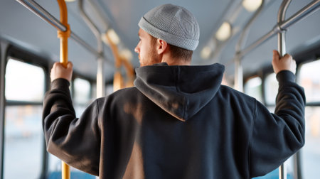 Rear view of a young Caucasian man in a hoodie and knit beanie holding yellow and silver handrails while riding a city bus. Natural light illuminates the interior during daytime.の素材