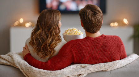 Back view of a young couple sitting closely on a couch, watching television and sharing a bowl of popcorn in a warmly lit cozy living room.の素材