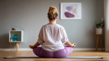 A plus-size woman seen from behind sitting in lotus position on a yoga mat indoors, practicing meditation. The room has a calm atmosphere with soft lighting and minimalistic decor.の素材