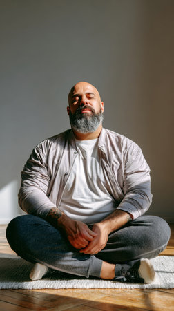 A plus-size man with a beard and shaved head sits cross-legged on the floor, meditating. Sunlight streams in, illuminating his calm and serene face.の素材