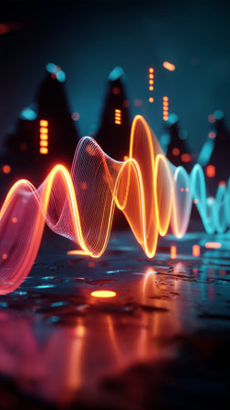 A stylized glowing waveform in yellow and red tones stretches through a digital scene with colorful bars and visual elements, representing music, energy, and technology.の素材