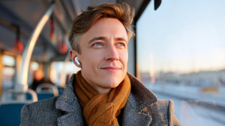 Portrait of a young Caucasian man with wireless earphones sitting inside a bus during sunset. He is wearing a brown scarf and coat, looking out the window with a content expression.の素材