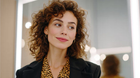 A trendy young Caucasian woman with curly hair smiles as she stands in front of a mirror in a stylish clothing boutique. She wears a leopard print top and a black blazer.の素材