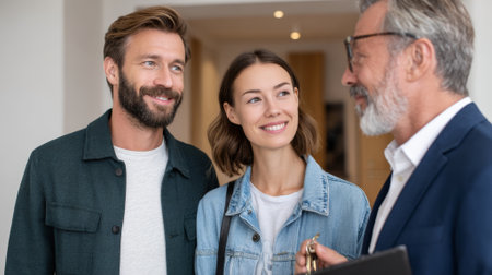 Smiling man and woman interacting with real estate agent inside modern apartment during property tour. Represents real estate, trust, and couple's lifestyle choices.の素材