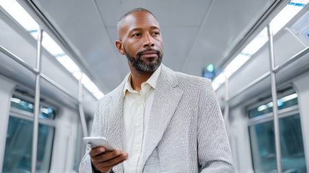 Black man in a light gray suit holding a smartphone while commuting on a train. He stands confidently in a modern, well-lit subway car. Business travel scene.の素材