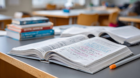Closeup of an open textbook with handwritten colorful notes, resting on a desk in a quiet, sunny classroom with other books and chairs.の素材