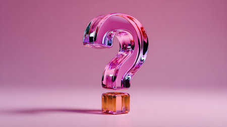 Stylized translucent glass question mark in pink tones placed on gradient pink background with subtle reflections, symbolizing inquiry, creativity, abstract design, modernity, and curiosity in a digital conceptual artwork environment.の素材