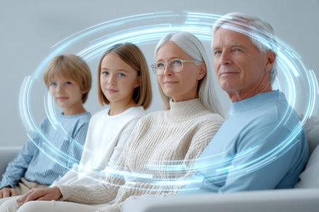 A family of four in a modern living room, enjoying a moment together. The grandmother is seated between the two children, creating a warm, familial atmosphere.の素材