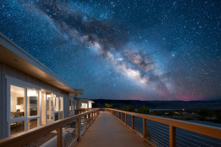 A serene night scene with a wooden deck overlooking the starry sky. The Milky Way galaxy is visible in the distance, creating a tranquil atmosphere.の素材