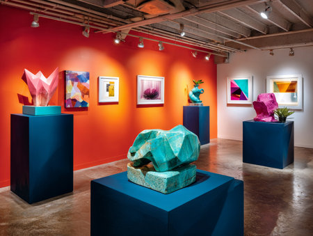 a vibrant art gallery with an eclectic mix of modern and abstract art pieces.の素材