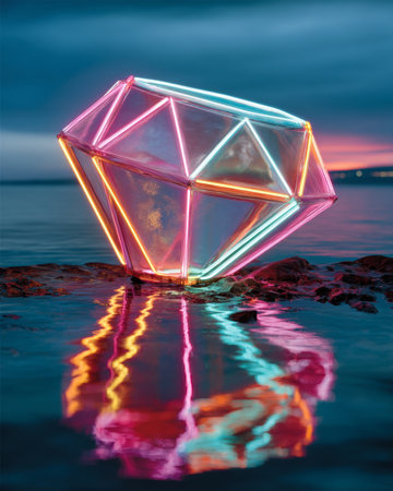 A glowing, neon diamond-shaped structure with pink and orange lights reflected in the water at dusk or dawn.の素材