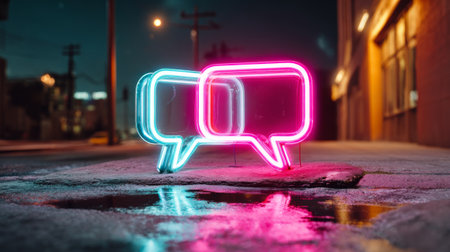 A glowing neon speech bubble sign on a city street at night, with pink and blue colors reflecting in the puddle of water below it.の素材