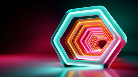 A glowing, neon tunnel with hexagonal shapes in vibrant colors creates a mesmerizing visual effect against a dark background.の素材