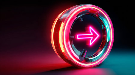 A glowing neon arrow pointing right in a circular frame, with multiple colors and light effects around it.の素材