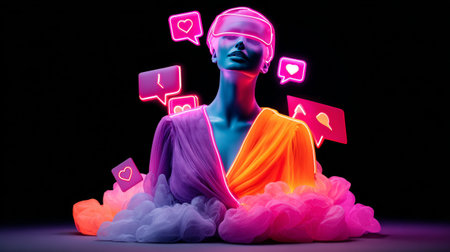 A person with a glowing headband and neon clothing is surrounded by colorful speech bubbles on a black background, creating an otherworldly atmosphere.の素材