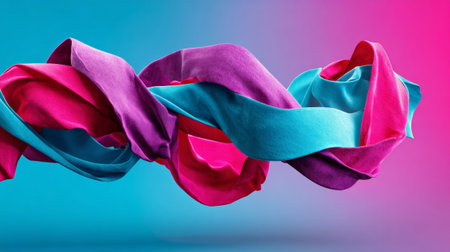 Three flowing fabrics in pink, purple and blue colors on a gradient background of teal to magenta.の素材