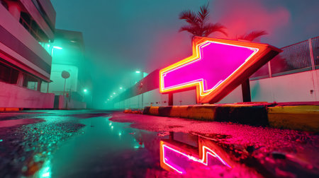 A neon sign in the shape of an arrow pointing to the right, glowing with pink and orange lights.の素材