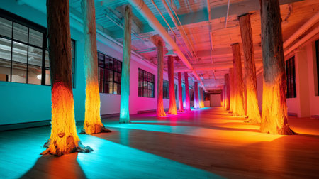 A series of tree trunks with bark stripped off, standing in a row within an indoor space and illuminated by colorful lights from above.の素材