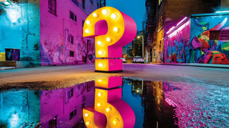 A large, illuminated question mark stands on a city street at night with colorful reflections in the puddle below it.の素材
