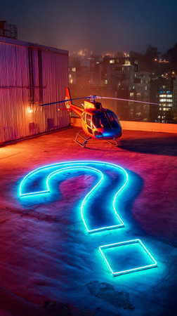 A helicopter with neon lights on a rooftop at night, surrounded by blue and pink glowing question marks.の素材