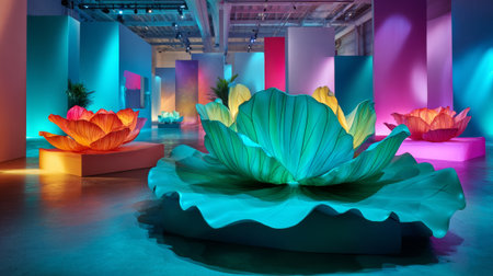A large, vibrant lotus flower sculpture with green and yellow petals on a blue base is displayed in an art gallery surrounded by other colorful sculptures.の素材