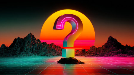 A vibrant neon question mark stands on a glowing platform in front of an orange and yellow sun, with mountains outlined by colorful grid lines behind it.の素材