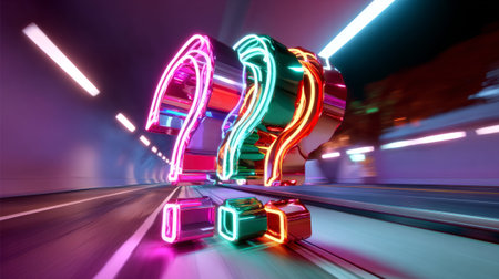 A glowing neon question mark in a futuristic tunnel with moving lights and reflections on the floor, creating an illusion of speed.の素材