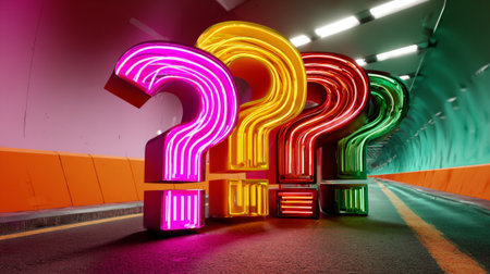 A series of neon question marks in pink, yellow and green colors are displayed on a road with tunnel walls painted orange and teal.の素材