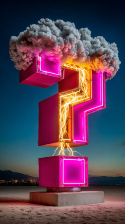 A large, neon-lit question mark sculpture with a cloud of smoke and lightning bolts emanating from it stands on the beach at dusk.の素材