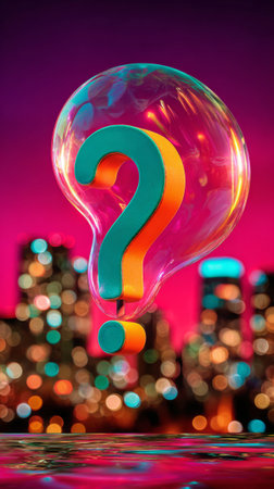 A large, colorful question mark is floating in a bubble above water with city lights reflected on the surface below it.の素材
