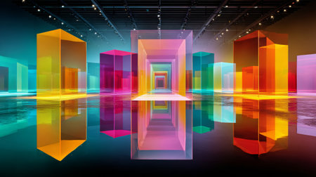 A colorful, abstract cityscape with neon lights and reflective surfaces.の素材