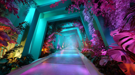 A person walking through a futuristic tunnel with vibrant, neon lighting and lush greenery on both sides. The overall atmosphere is one of mystery and intrigue.の素材