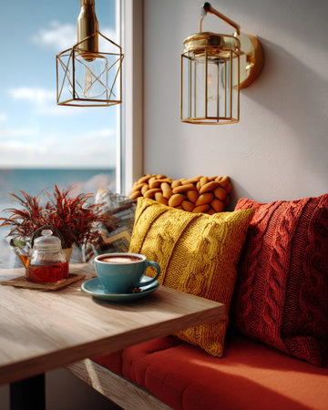A cozy living room with a view of the ocean, featuring brass pendant lights and knitted cushions in warm colors.の素材