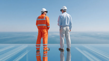 Two men in hard hats and safety glasses look out over the ocean from a reflective surface, one wearing an orange jumpsuit with reflective stripes and another dressed more casually in blue shirt and.の素材
