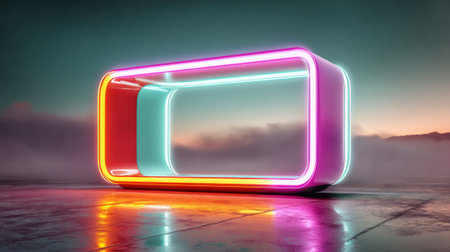 A glowing neon rectangle with a vibrant pink outline and red interior, set against an atmospheric twilight sky reflecting on the ground below.の素材