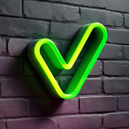 A vibrant green neon sign in the shape of a checkmark, glowing against a dark brick wall background.の素材