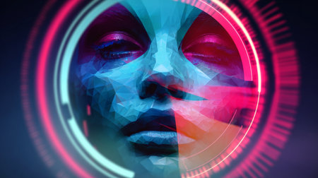 A person's face is shown in a geometric, colorful pattern with pink and blue tones on the right side of their head and red and white lines around it.の素材