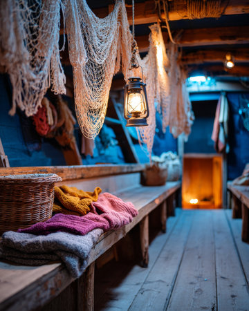 A cozy and rustic interior with a wooden bench, knitted blankets, wicker baskets, and lanterns providing warm lighting.の素材
