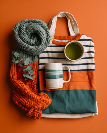 A cozy mug of tea, a stylish tote bag and warm knitted accessories on an orange backdrop create the perfect autumnal scene. Clean background with copy space.の素材