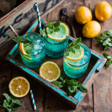 A refreshing drink garnished with lemon slices and mint leaves, served in a vibrant blue glass on an antique wooden tray.の素材