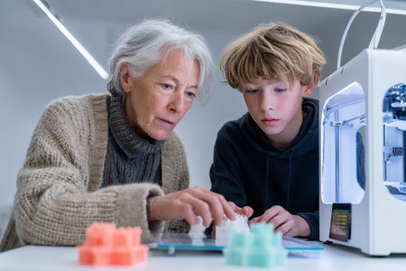 An elderly woman and a young boy are using a desktop printer to create colorful plastic objects together, with the older person showing how it works.の素材