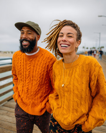 A man with a beard and dreadlocks wearing an orange sweater, smiling at the camera on a boardwalk.の素材