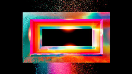 A colorful, psychedelic image of a rectangular frame with multiple layers and colors within it. The background is black with sparkling particles scattered around the edges.の素材