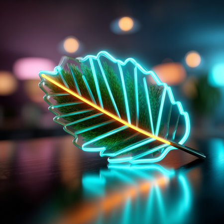 A glowing neon outline of a palm leaf, with the center highlighted in yellow and green hues against an abstract background.の素材