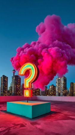 A vibrant neon question mark stands on a rooftop, with pink smoke billowing in the background and city lights twinkling below.の素材